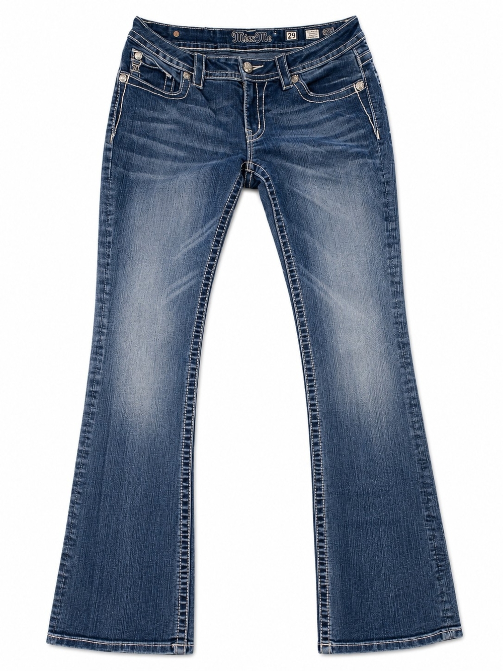 Miss Me Y2k Women's Blue Bootcut Low Rise Jeans With Embroidered Back Pockets
